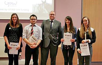Photo: Prize winning speakers and poster presenters Dr Stephen Wickens from the Ninth UFAW Student Animal Welfare Conference (left to right, Elise de Tourtoulon-Adams, Samuel Davies, Dr Stephen Wickens, Gemma Barby and Kimberley Lawrence) 